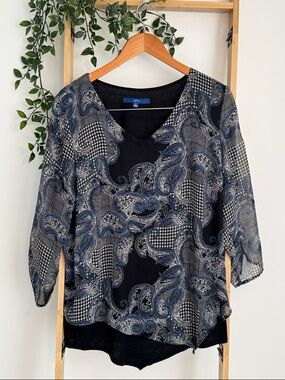 Apt. 9 Black and Blue Paisley V-Neck Blouse Size L